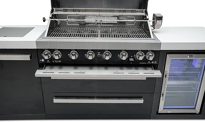 Mont Alpi MAi805-BSSFC 44-inch 6-Burner 115000 BTU Black Stainless Steel Gas Outdoor Kitchen Bar Island Grill w/Wine Cooler Beverage Center Refrigerator + Infrared Side Burner + Granite Countertop