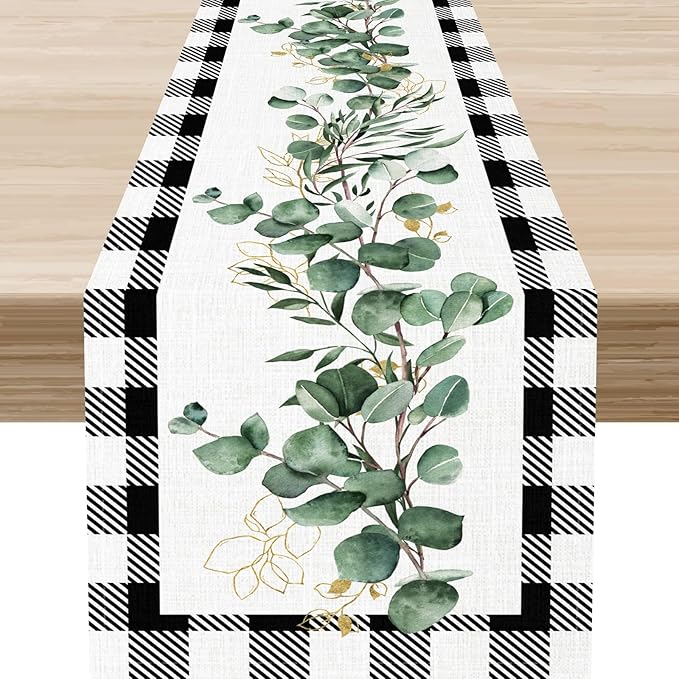 Green Eucalyptus Table Runner, Farmhouse Spring Plants Leaves Checkered Baffalo Plaid Rustic Country Greenery Cafe Coffee Table Center Decor for Home Kitchen Dining Patio Indoor Outdoor, 13"x36" Inch