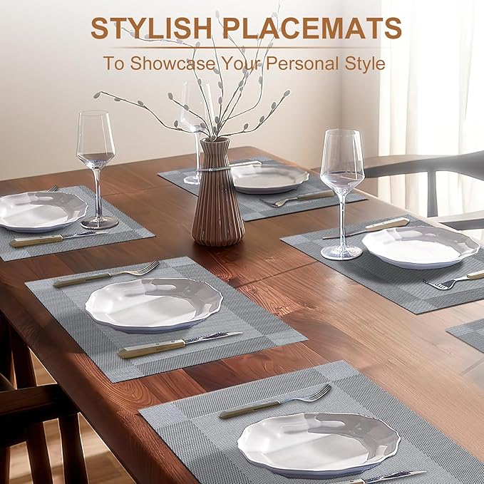 BETEAM Placemats Set of 6, Woven Vinyl Placemat for Dining Table Washable Wipeable Kitchen Place Mats Durable Indoor Outdoor Table Mats