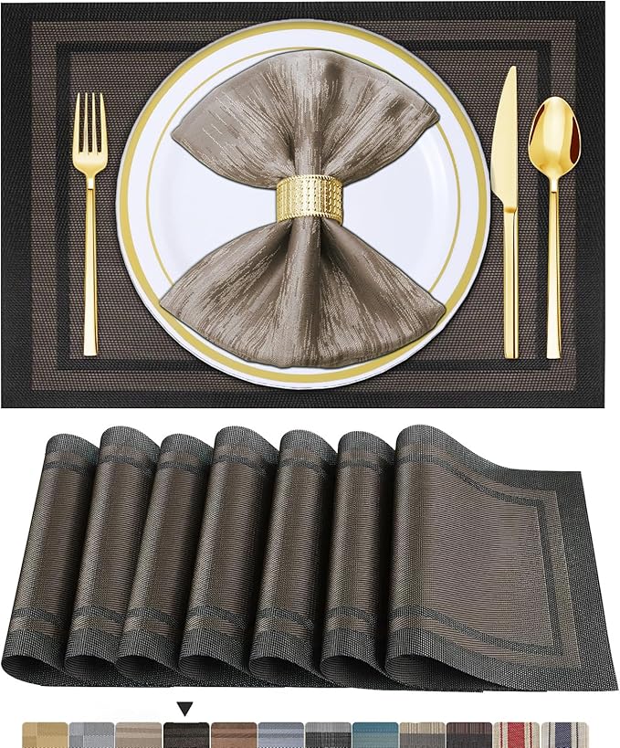 BETEAM Placemats Set of 6, Woven Vinyl Placemat for Dining Table Washable Wipeable Kitchen Place Mats Durable Indoor Outdoor Table Mats