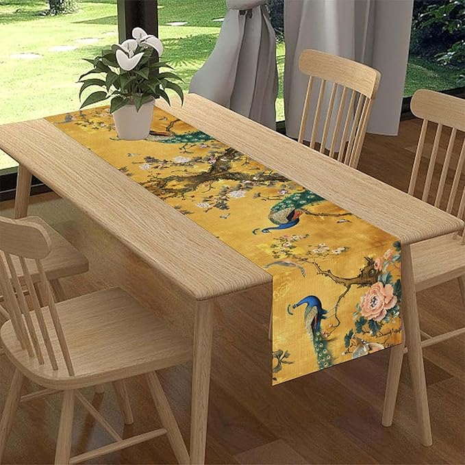 Peacock Table Runner,Golden Vintage Asian Chinese Style Peony Floral Branch Table Center Decor for Family Kitchen and Living Room Outdoor Farmhouse Party Table Decorations, 13"x36"