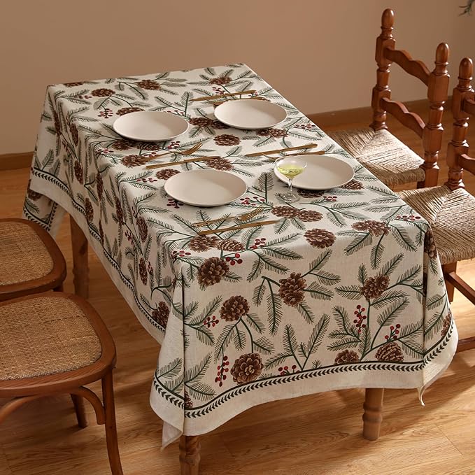 ISAENNE Designer Christmas Beige Linen Extra Long Tablecloth Rectangle,Pinecones Pattern Indoor Table Cloths,Washable Decor Tablecloths for Dining Thanksgiving Kitchen,63"*110"-Carol B