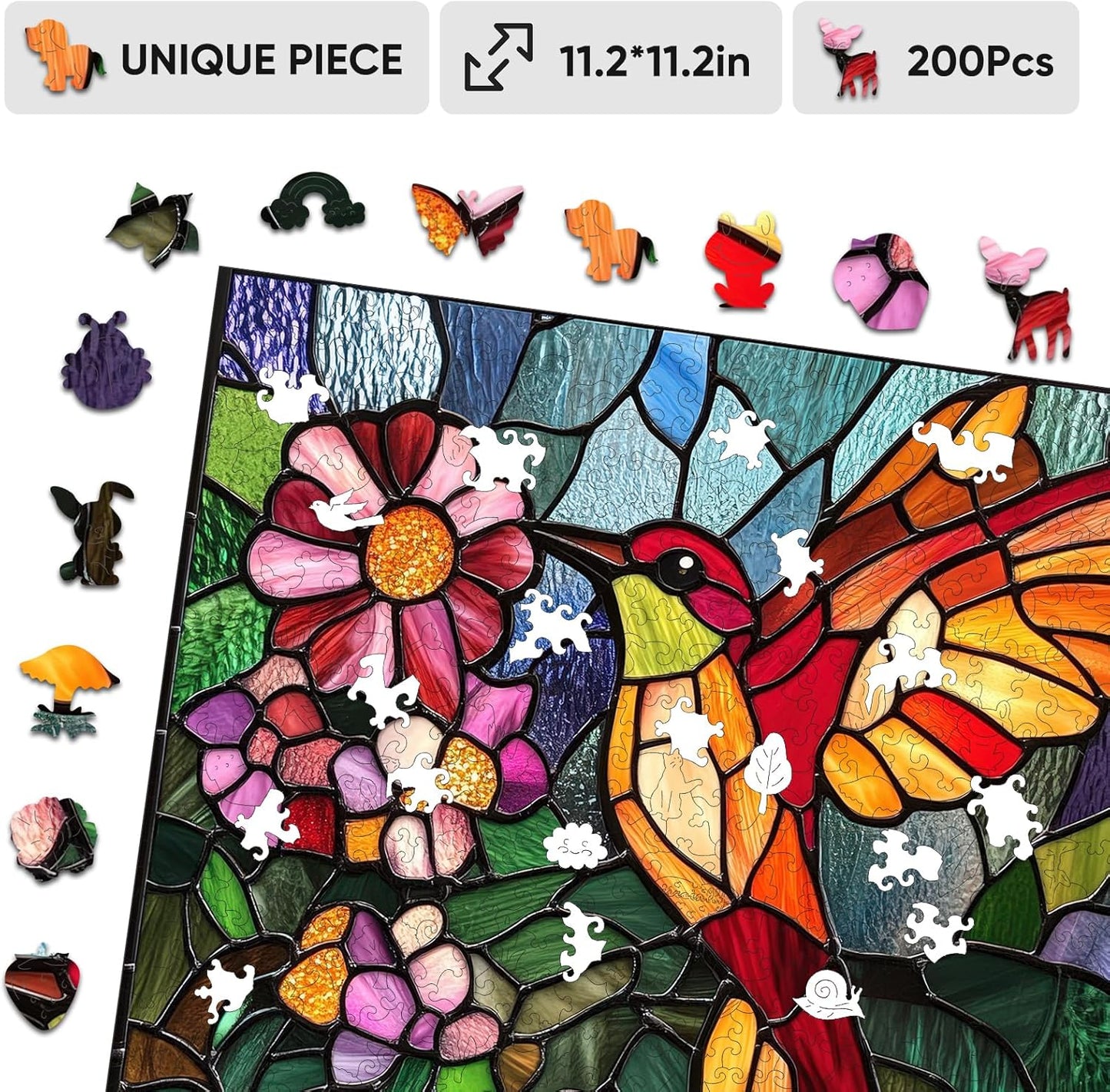 Wooden Puzzle for Adults, Stained Glass Hummingbird Jigsaw Puzzles 200 Piece, Unique Shapes Family Reunion Puzzle for Adults and Kids, Beautiful Package, Best Gift for Family Friends 11.4x11in