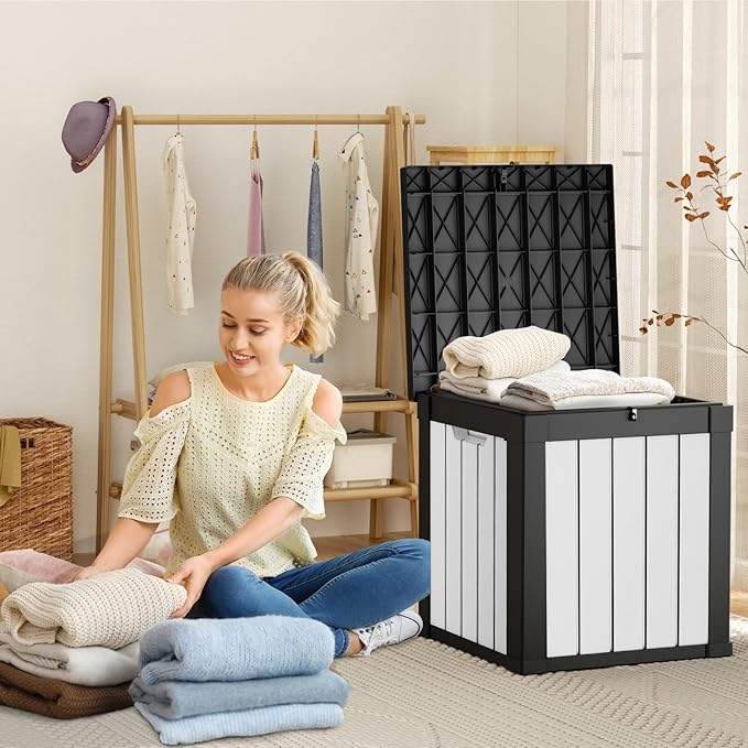 EasyUp 50 Gallon Outdoor Storage Box, Resin Waterproof UV-Resistant Deck Box, Reinforced Stability for Patio, Garden, and Poolside, Striped Black & White