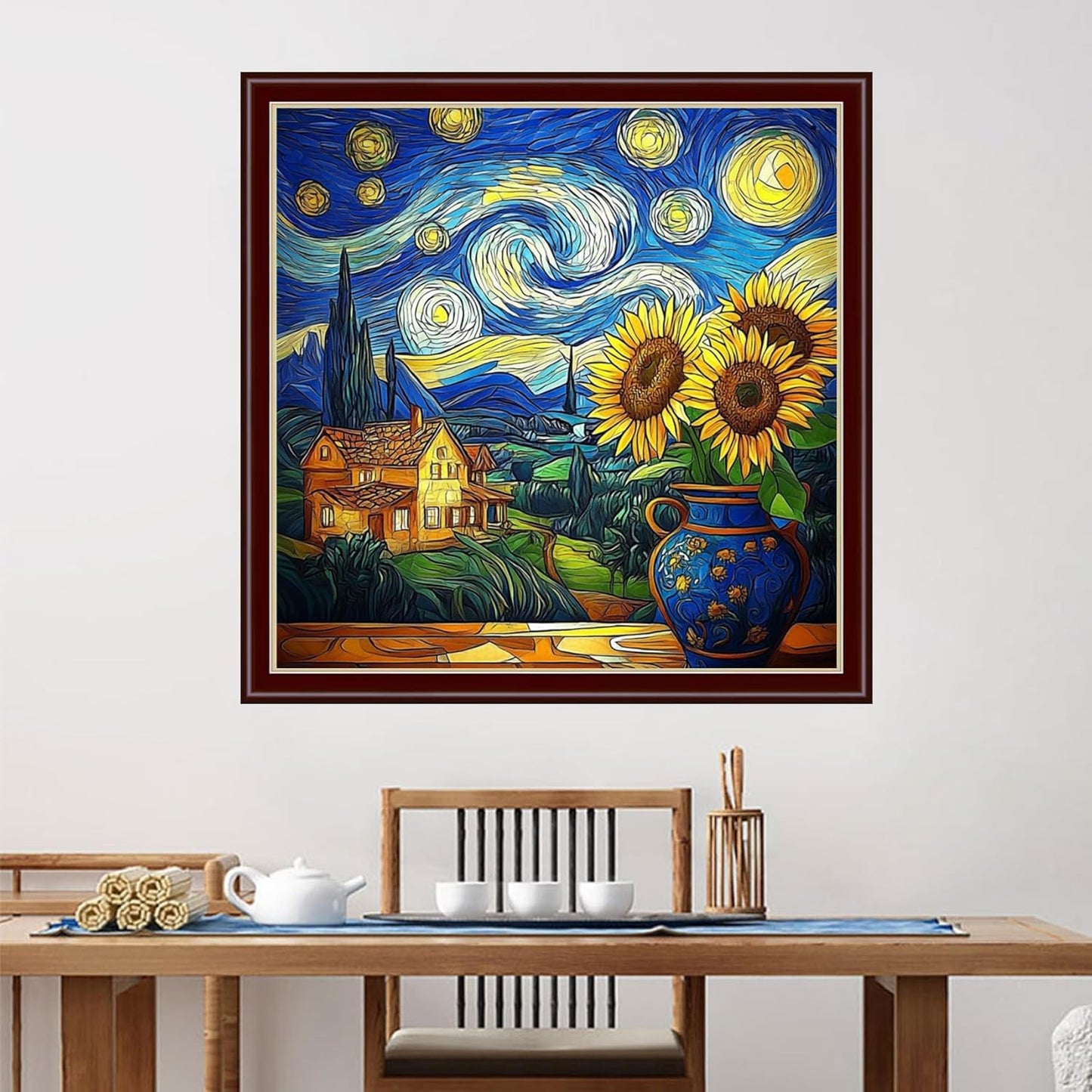 Dimensean Stamped Cross Stitch Kits Full Range of Embroidery Patterns Starter Kits for Beginners Adult or Kids DIY Cross Stitches Needlepoint Kits 11CT- Van Gogh Starry Sky Sunflower 18x18 inch