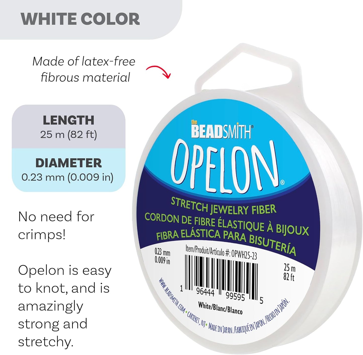 The Beadsmith Opelon Stretch Cord – Elastic Beading Fiber, White, 0.23 mm Diameter, 25 Meters (82 ft) Spool