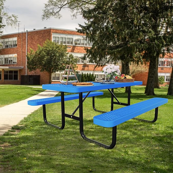 48'' Rectangular Steel Picnic Table for Outdoors,Commercial Metal Picnic Table Bench Set with Umbrella Hole,School Canteen Table W/Seats - Heavy Duty Sturdy Picnic Tables Furniture for Patio Garden