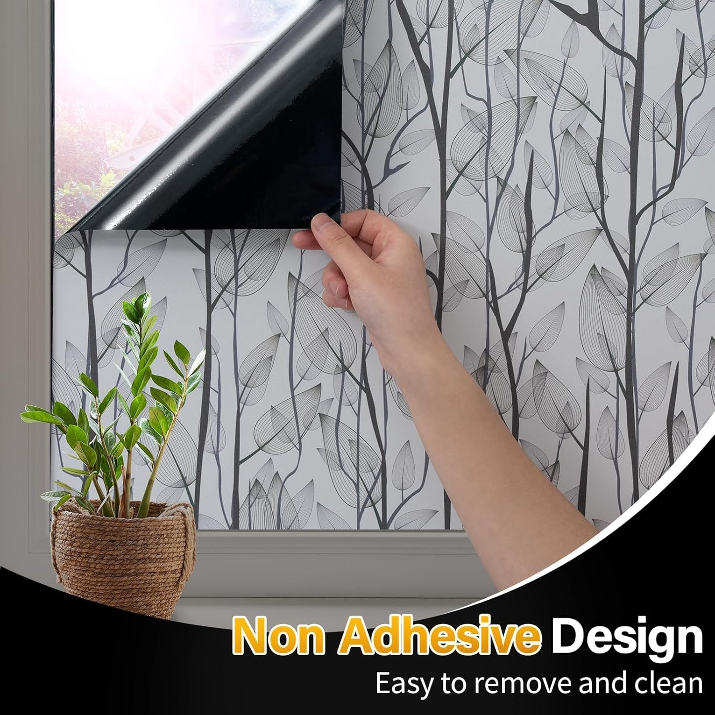 Leaf Pattern Window Tint with Installation Tools, Blackout Window Cover, Sun Blocking Window Tint for Home (Full Blackout Opaque, 35.4'' x 78.7'')