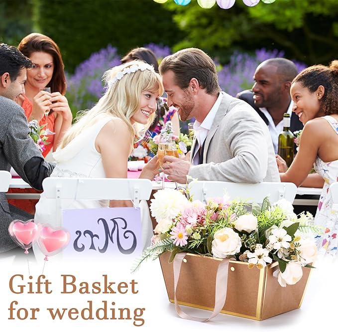 Tuanse 30 Pcs Basket for Gift Empty DIY Bulk Gift Basket Kit with Handle Kraft Cardboard Tray with 30 Bag 30 Bow Market Tray for Wedding Party(Brown Gold,9.8 x 6.7 x 4.3 in)