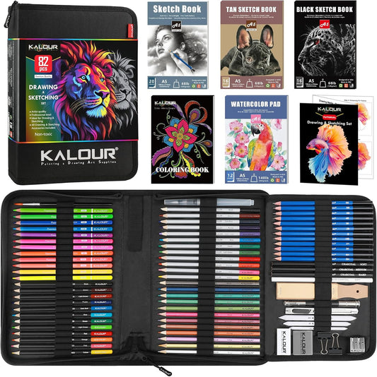 82 Drawing Set Sketching Kit, Art Set with Fluorescent, Colored, Watercolor, Metallic, Graphite, Charcoal Pencils, 5 Sketchbook and Coloring Book, Gift for Artists Adults Teens Beginner