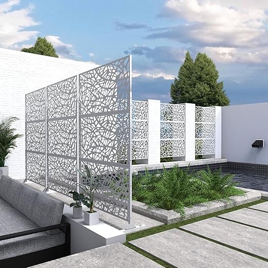 Casaphoria Metal Privacy Screen Outdoor, 72" H x 47" W Freestanding Decorative Privacy Screen for Patio Deck Balcony Garden with Stable Base, White-Net