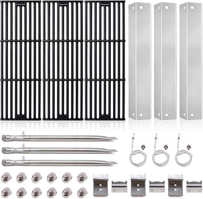 Adviace Grill Replacement Parts for Char Griller 5050, 5650, 2121, 3001, 5072, 2123, 2828, 3030, King Griller 3008, 5252, Cast Iron Grill Grates, Stainless Steel Heat Plate Shields, Burners, Ignitors.