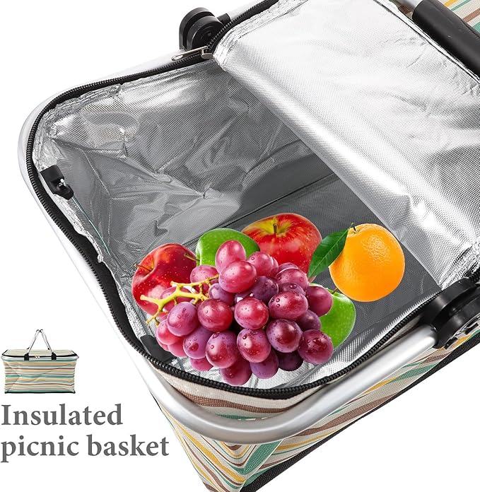 Wear-Resistant Insulated Picnic Basket and Foldable Shopping Tote for Outdoor Dining with Thick Aluminum Foil Lining, Yellow-Green Pattern, No Ice Pack, Vehicle Use and Food