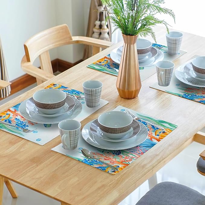 Giwawa Sea Turtle Placemats Set of 4, Watercolor Blue Tortoise Place Mat 12x18 Inch, Ocean Nautical Coral Coastal Marine Table Mats Heat Resistance for Kitchen Dining Party Picnic Decor