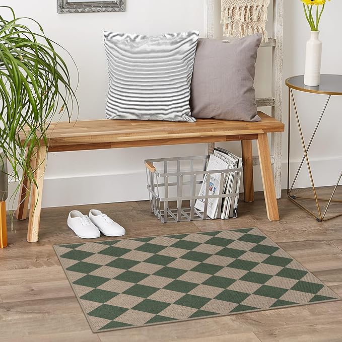 Easy Jute Checkered Entryway Rug, 2x3 Green Modern Indoor Outdoor Doormat, Washable Non-Slip Neutral Small Kitchen Rug Farmhouse Diamond Throw Rugs for Entrance Bedroom Bathroom