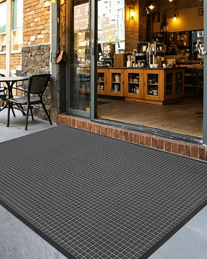 DEXI Front Door Mat Outside Entrance, 3x5 ft Rubber Entry Doormat Heavy Duty, Welcome Mats Non Slip for Inside House Floor Entryway Back Doors Exterior Patio, Squares Grey