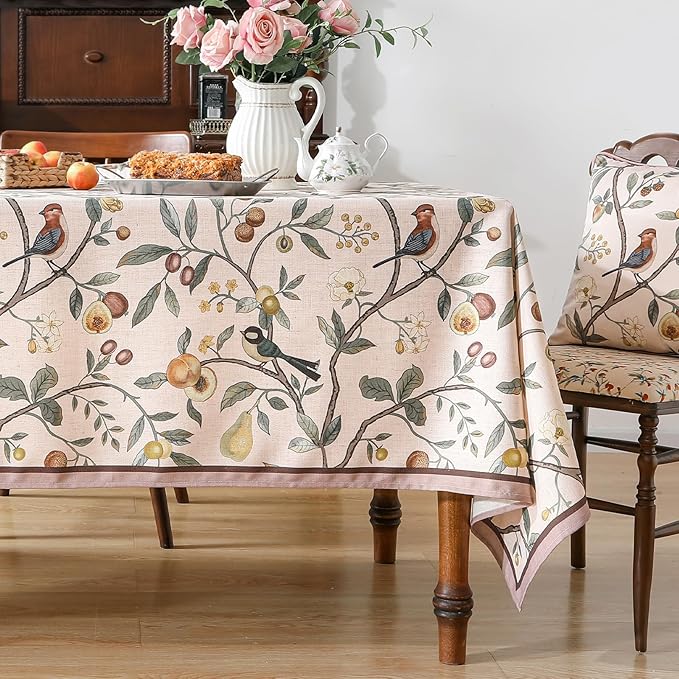 Linen Table Cloth Rectangle,Wrinkle Resistant French Pink Tablecloth Print with Froal,Decor Stitch Table Cloth for Thanksgiving,Dining Room,Home,Kitchen 55" × 87"-Dewey A