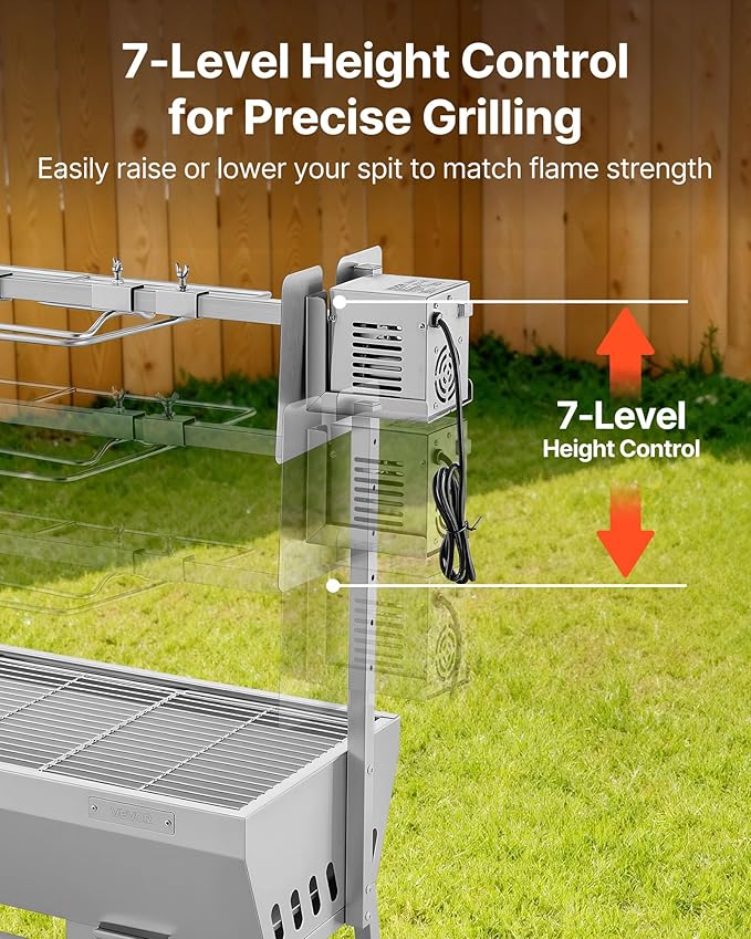 VEVOR Rotisserie Grill, 37in BBQ Outdoor Pig & Lamb Spit Roaster, Charcoal Spit Roaster with 132 LBS Capacity, Wheels, 7-Level Height, Stainless Steel Electric Rotisserie Grill Kit for Camping Outdoor