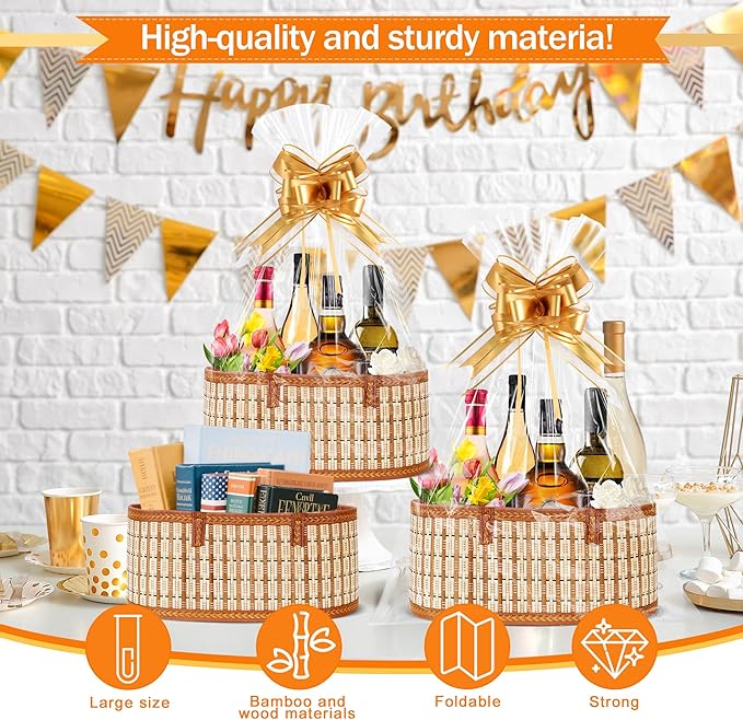 Orchidleaf 8 Set Baskets for Gifts Empty, Gift Empty Bamboo Basket Large, Foldable Woven Gift Basket with Handle for Baby Baptisms, Mother's Day, Christmas, Housewarming