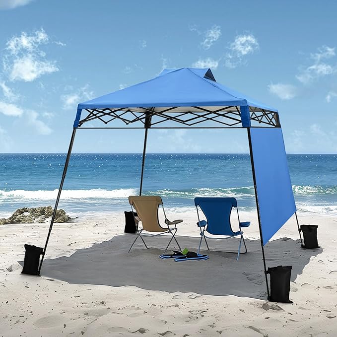 PHI VILLA 8x8ft Pop Up Canopy Tent Instant Portable Shelter One Push Tent Canopy with Wheeled Carry Bag, 4 Weight Bags, Slanted Legs-Blue