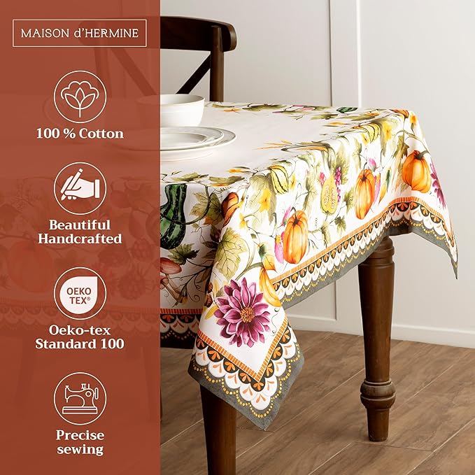 Maison d' Hermine Table Cloth Rectangle Table 100% Cotton 70 x 108 Inches Fall Tablecloth Reusable Everyday Use for Thanksgiving Christmas Decorations Dining Farmhouse (Pumpkin Garden - Cloudy Cream)