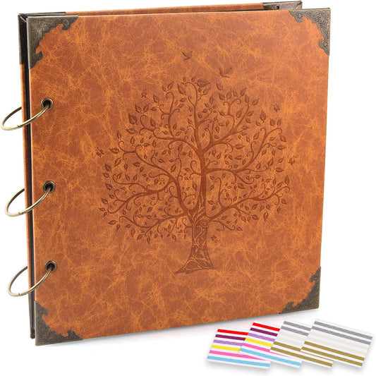 Photo Album DIY Scrapbook 10x10 inch 50 Pages Double Sided, Vintage Leather Cover Three-Ring Binder Picture Booth + 408pcs Self Adhesive Photos Corners for Memory Keep (Family Tree Brown Sugar)