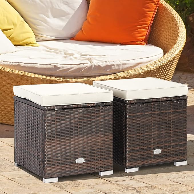 Tangkula 2 Pieces Patio Ottomans, Patiojoy Hand-Woven PE Rattan Side Table with Removable Cushion & Hidden Storage Space, Multifunctional Storage Box, Seat for Patio, Backyard, Poolside (Off White)