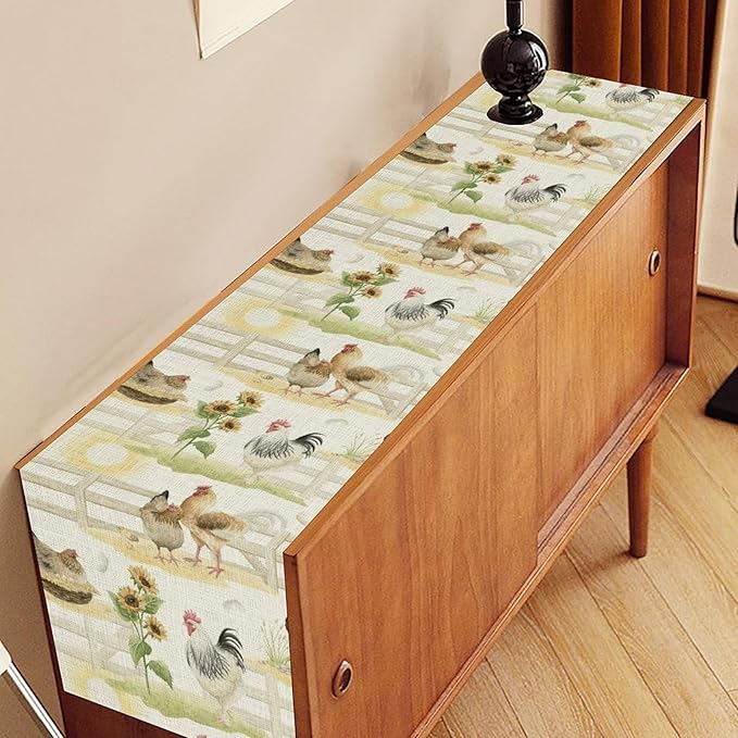 Farmhouse Rooster Table Runner, Sunflower Rooster Retro Farmhouse Sun Country Wooden Fence Chicken Coffee Table Center Decor for Home Kitchen Dining Patio Holiday Party Table Decorations 13"x36"