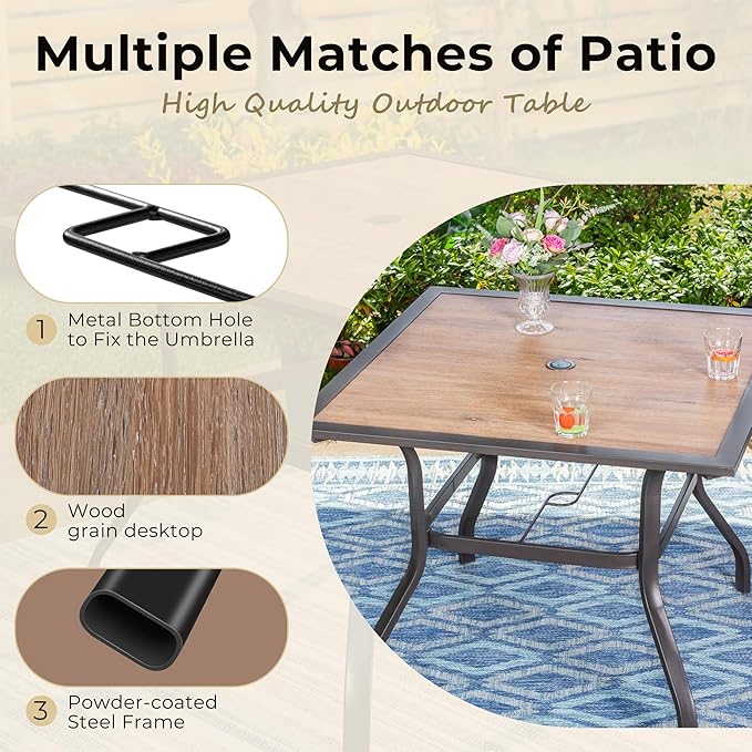 Outdoor Patio Square Dining Table, 37"x 37" Wood-Like Tabletop with Adjustable Umbrella Hole and Faux Wood Tabletop, All Weather Wrought Iron Black Outdoor Table for Deck Lawn Backyard