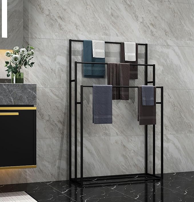 3 Tier Standing Towel Rack - Extra Wide Large Bathroom Towel Stand, Heavy-Duty Metal Towel Drying Rack for Poolside (Matte Black)