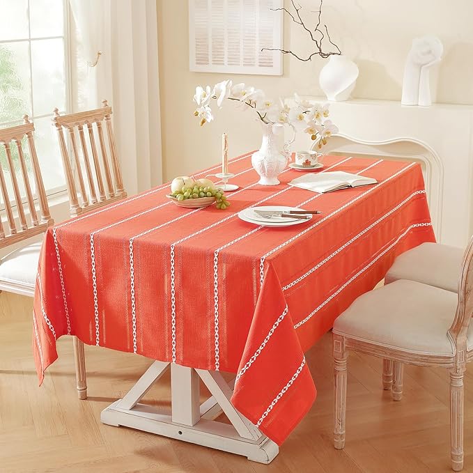 Chassic 60 x 84 inches Farmhouse Style Linen tablecloths, Wrinkle Resistant Washable Dining Room Table Cloths for Rectangle Tables - Hemstitch Maple Orange