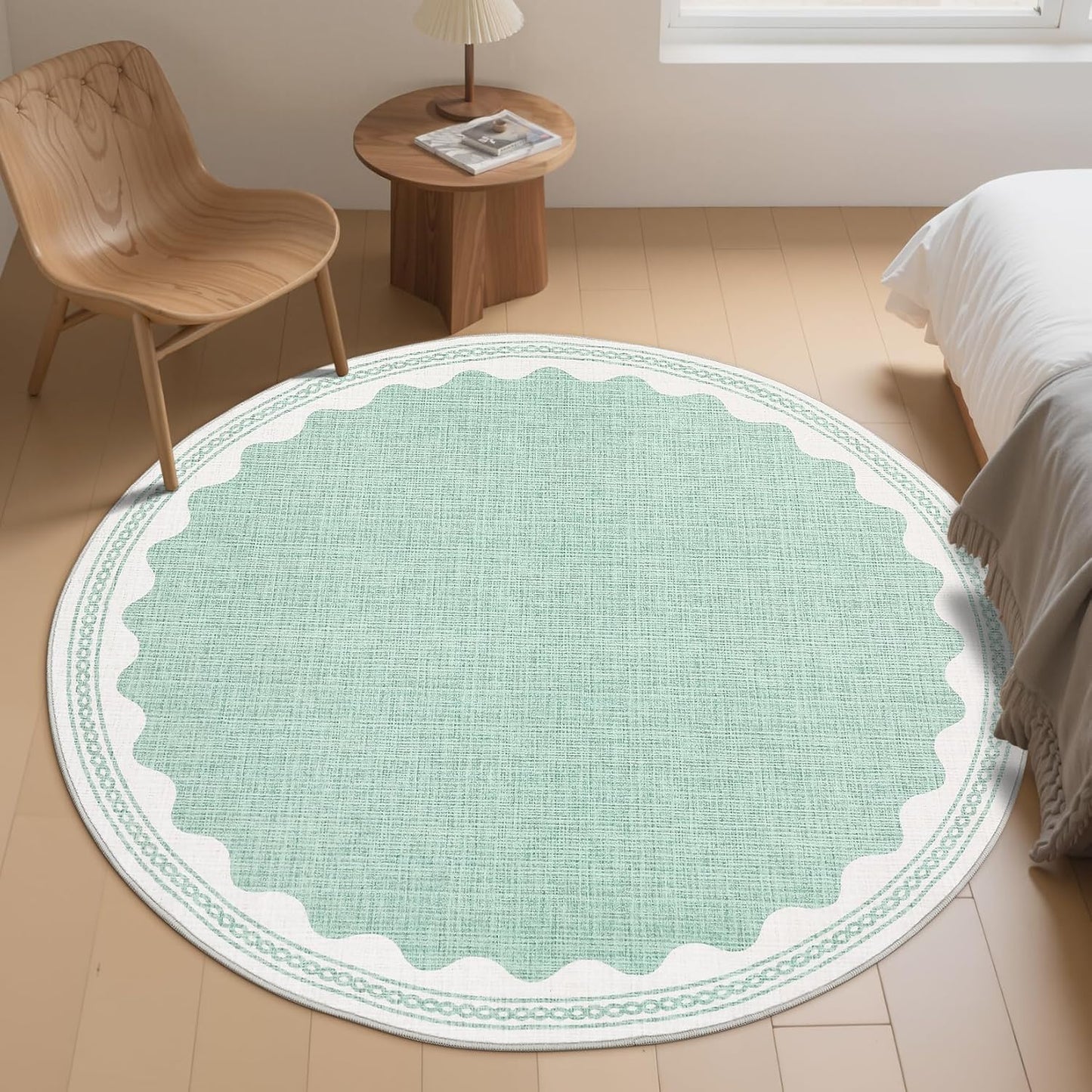 Scalloped Round Rug 4ft, Small Area Rugs Solid GreenRug for Bedroom Girls, Washable Rugs for Living Room, Non Slip Scalloped Round Bath Mat, Soft Dorm Nursery Carpet for Bedside