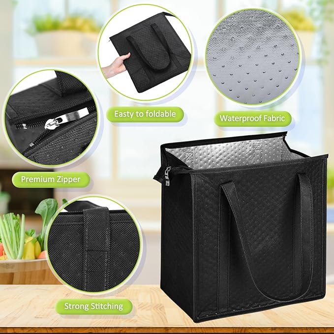 10 Pack Large Insulated Grocery Bags Reusable Shopping Bags with Zippered Top 13 x 12 x 7 Inch Thermal Cooler Totes Bulk with Handles for Hot Cold Food Delivery Refrigerator(Black)