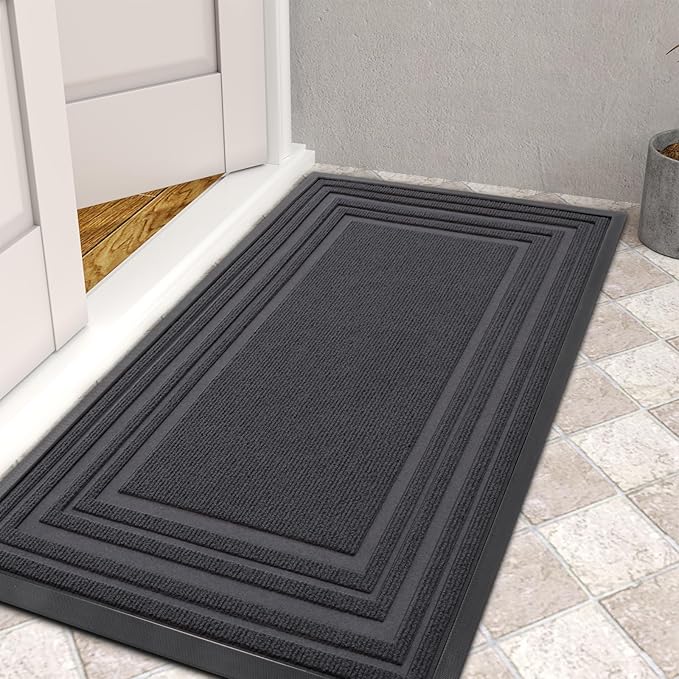 Buganda Front Door Mat Indoor Outdoor Entrance, Non-Slip Natural Rubber Doormats, Easy Clean, Low Profile, Dirt Trapper Entryway Floor Mats for Outside, Garages and Patios, 36x24, Light Grey