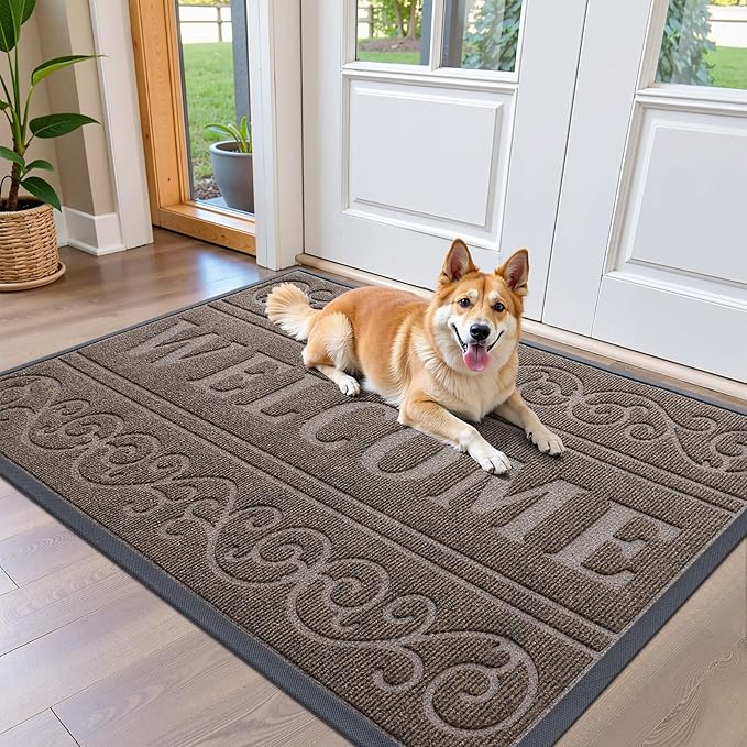 OLANLY Welcome Door Mat Indoor Outdoor Entrance, Heavy Duty Sturdy Front Door Mat, Waterproof All-Weather Doormat, Stain Resistant, Low Profile, Easy Clean Patio Entryway Mat, 47 x 32, Medium Brown