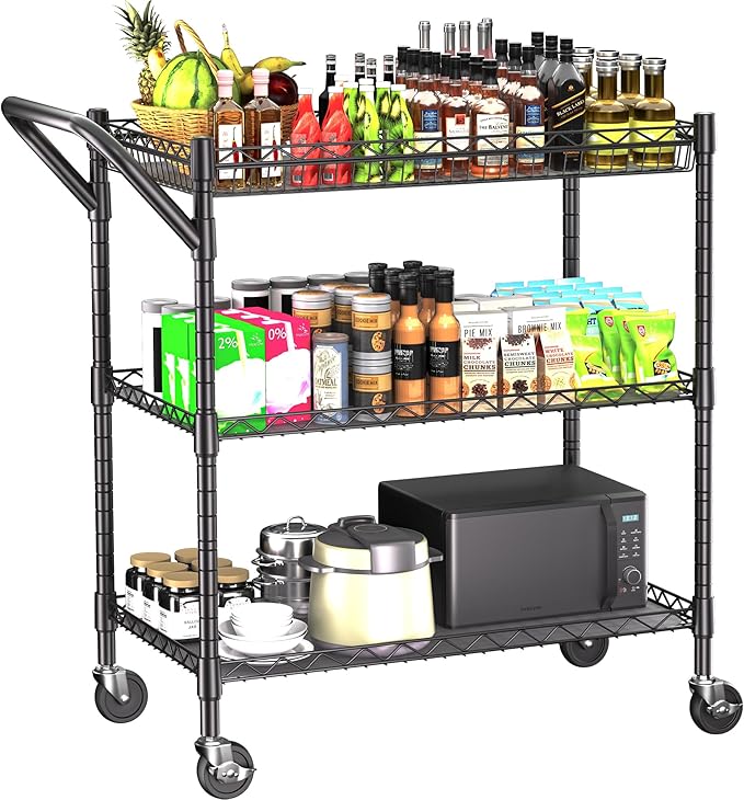 REGILLER 3 Tier Heavy Duty Rolling Utility Cart,18" D x 30" W x 36.6" H Rolling Carts with Wheels,Commercial Grade Metal with Handle Bar & Shelf Liner,Trolley Serving Storage Cart for Kitchen Black