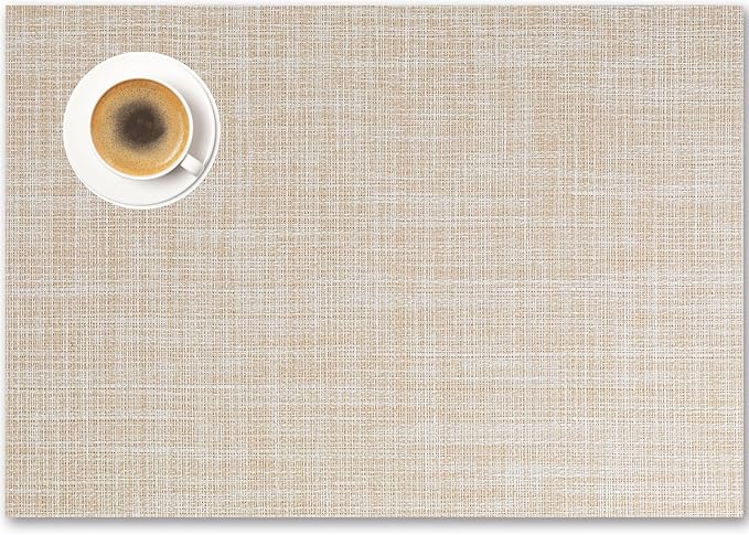 Placemats Set of 6 - Easy Clean Woven Vinyl Placemat for Dining Table, Indoor/Outdoor Place Mats, Washable PVC Table Mats（Beige）