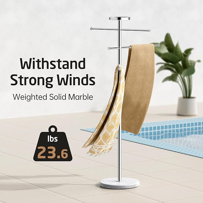 KES Outdoor Towel Tack for Hot Tub, Pool Towel Rack Outdoor with Natural Marble Base 59" H 18/8 Stainless Steel Adjustable 3 Arms with Storage Tray, Polished Finish, OTR200
