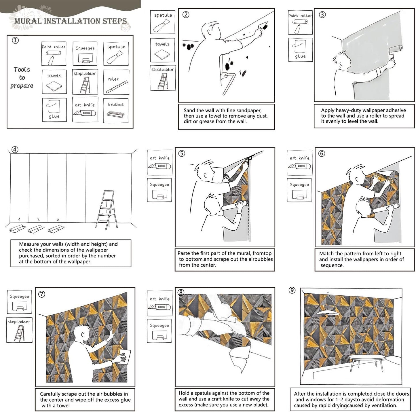 AFZEVEB-3D Geometric Wall Mural Gray and Gold Wallpaper for Bedroom 136"x96"(Not Peel and Stick)