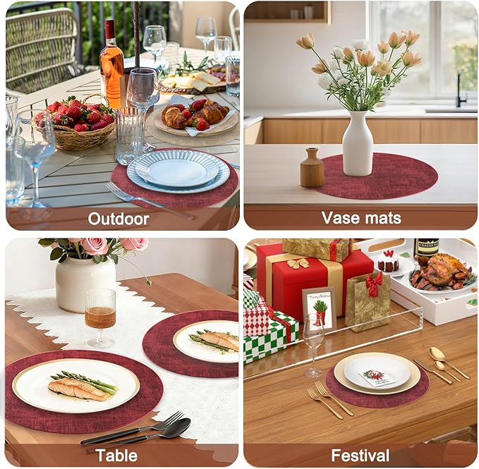 Round Faux Leather Placemats and Coasters, Set of 6, Reversible Heat Resistant Non-Slip Table Mats, Waterproof Wipeable Place Mats for Dining Table, Washable for Indoor & Outdoor (6, Red)