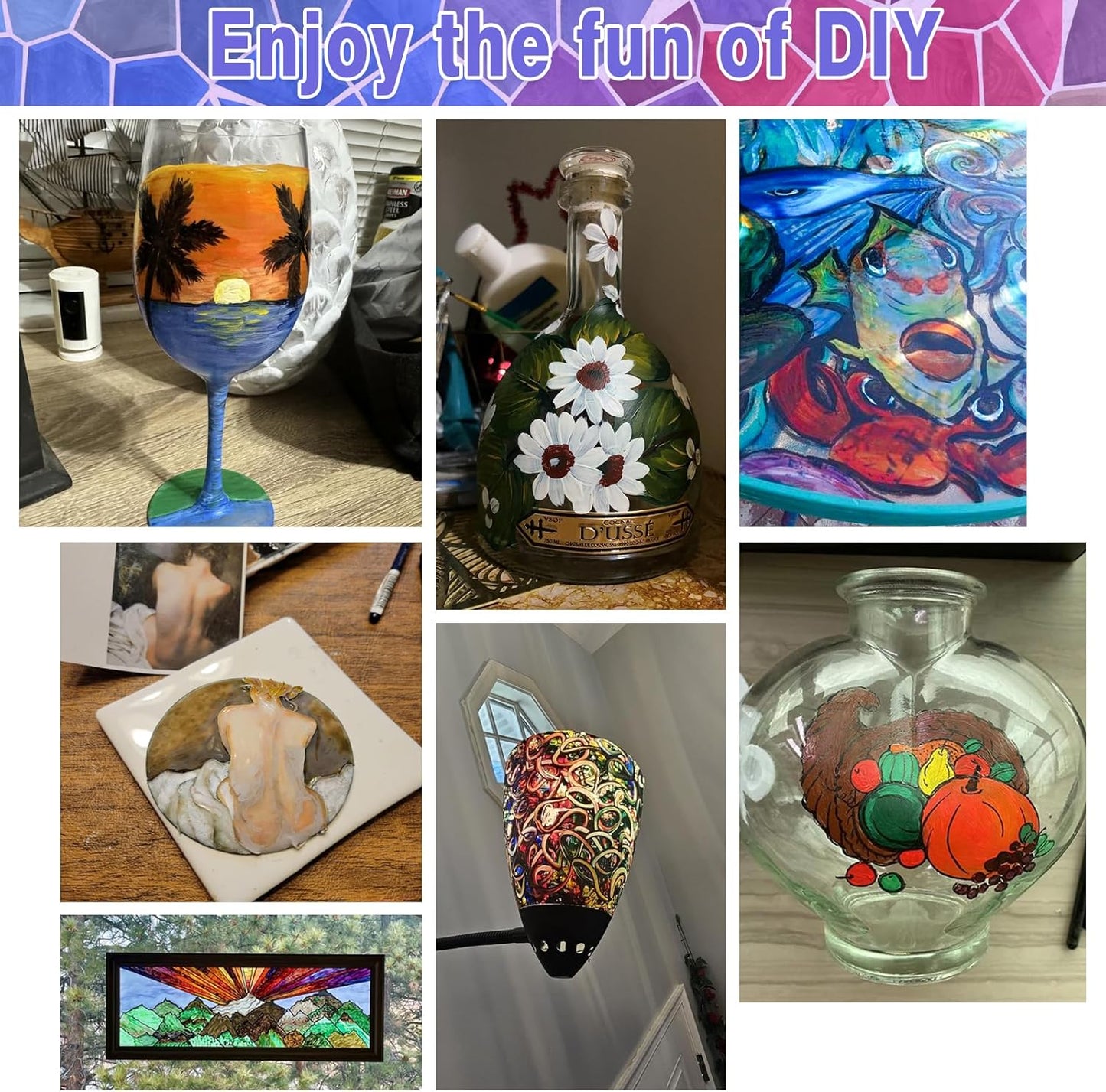 Colorful Stain Glass Paint Set with 6 Brushes, 1 Palette & 1 Sponge, 14 Colors Waterproof Permanent Glass Painting Kit for Arts on Wine Glasses,Bottle and Windows