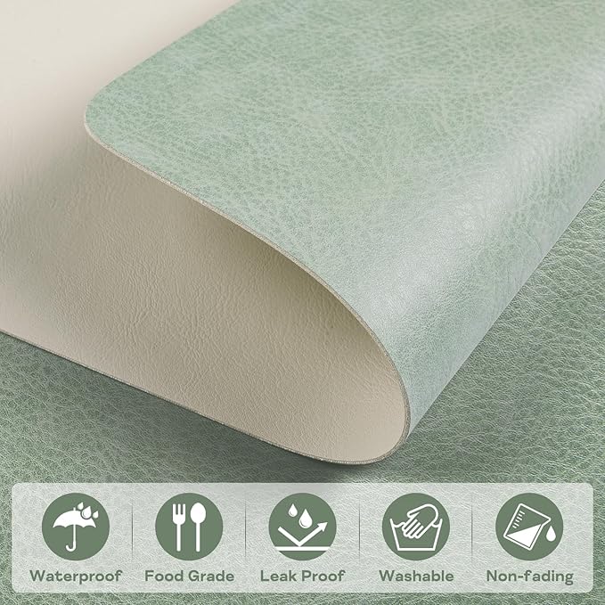 Faux Leather Placemats Set of 6 Table Mats Heat Resistant Reversible Place Mats, Waterproof Wipeable Dining Table Placemats for Home Party Outdoor, 16.9 x 11.8 inches (Sage Green/White)