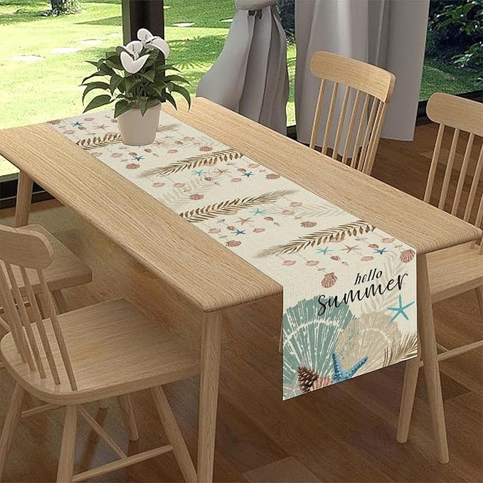 Nautical Coastal Table Runner, Rustic Starfish Seashells Tropical Leave Ocean Beach Hello Summer Farmhouse Coffee Table Center Decor for Home Kitchen Dining Patio Outdoor Table Decorations, 13"x108"