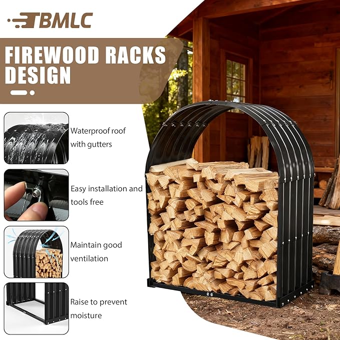 Heavy-Duty Black Firewood Storage Shed – Metal Log Holder with 32" Round Roof – Outdoor Wood Rack for Patio, Deck & Fireplace – Weatherproof Lumber Stand for Firewood (2.7FT Diameter Roof)