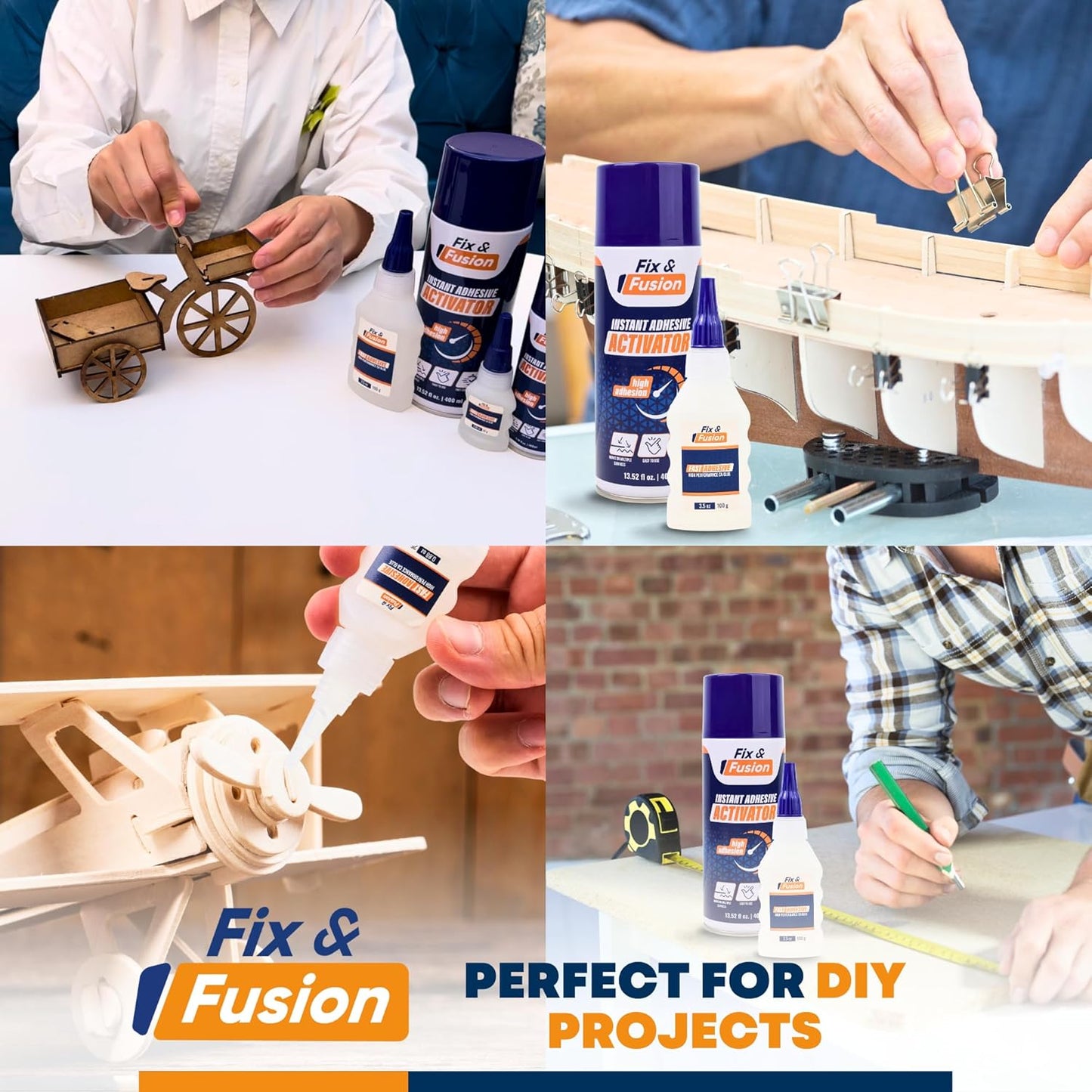 FIX & FUSION Ca Super Glue (1.77 Oz) with Activator Spray (6.76 Fl Oz) Set, Fast Adhesive/Cyanoacrylate Glue & Instant Activator for Woodworking, Plastic, Rubber, Granite, DIY & Industrial, (2 Pack)