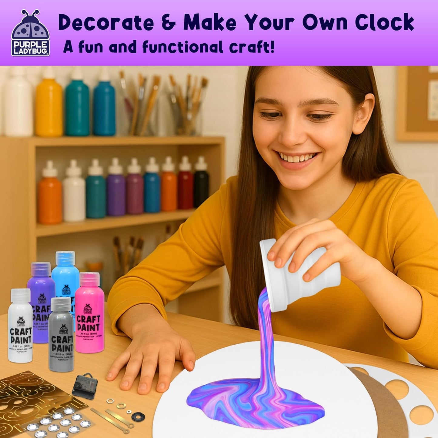 Paint Pouring DIY Clock Kit - Complete Decorate & Painting Kit for Kids 6-8 - Creative Arts & Crafts for Girls Age 10-12 - Christmas Boys & Girls Gifts 8-12 Years Old - Tween & Teen Girl Gifts Ideas