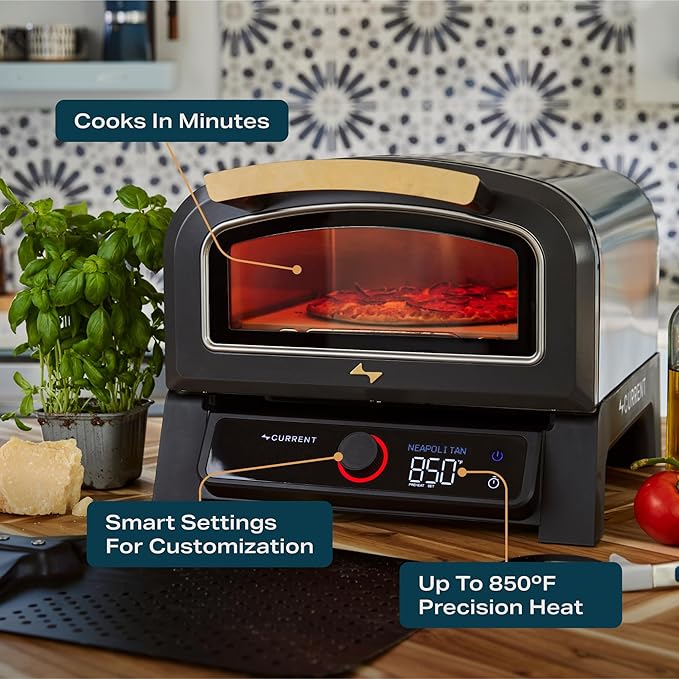 Current Model P Smart Electric Pizza Oven, 12-Inch, 850°F Max, 8 Cooking Modes, App Connectivity for Temperature Monitoring & Custom Cooking Times, Compact for Indoor & Outdoor Use, Dark Gray