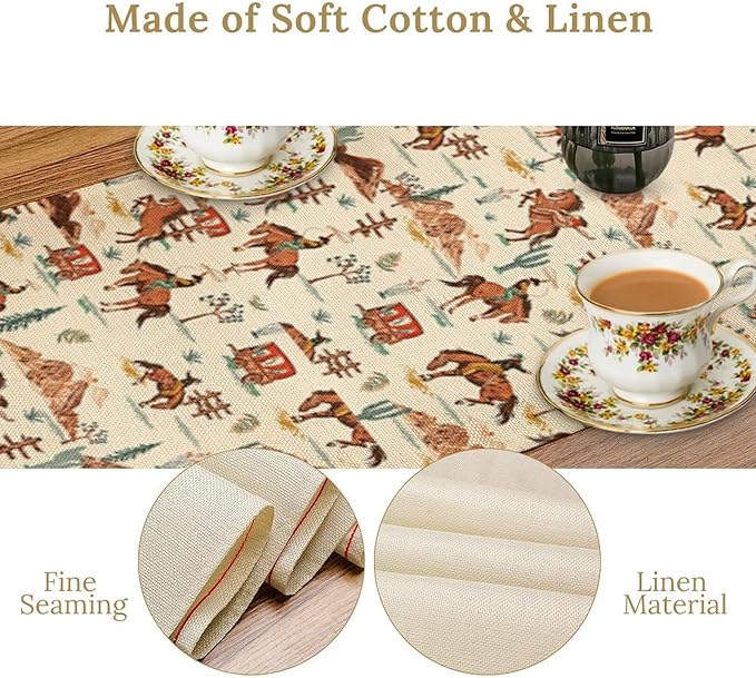 Western Cowboy Table Runner,Vintage Farmhouse Country Cowboy Horse Cactus Desert Print Table Runner for Kitchen Dining Table Holiday Home Party Decor 13x70in