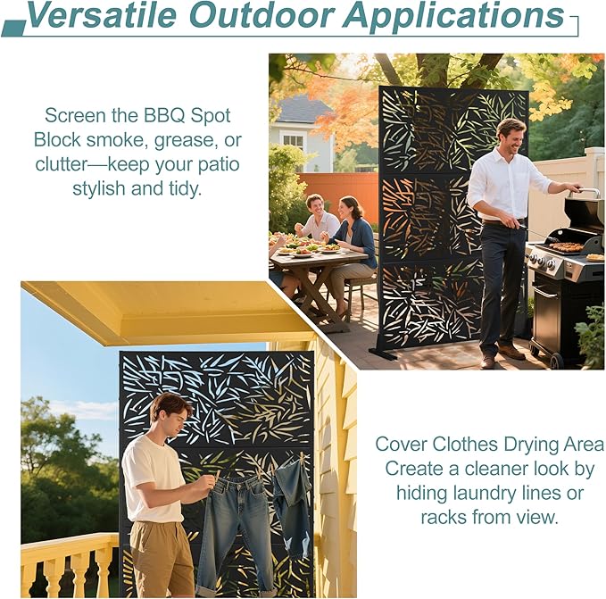 Metal Privacy Screen Outdoor Freestanding Privacy Wall Panels and Decorative Patio Dividers, Crafted from Steel with Sun-Proof Design, Ideal for Patio, Deck, Garden,72" H×47" L（Black&Bamboo）