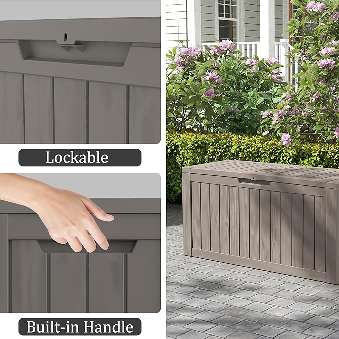 75 Gallon Deck Box, Resin Outdoor Indoor Waterproof Storage Box, Lockable Storage Box With Handle for Patio Furniture - Garden Tools - Swimming Pool Tools UV-Resistant, Grey